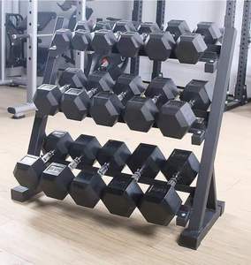 Cast Iron Rubber Coated Hex Dumbbell Set with Rack Comfortable Handle for Weight Training
